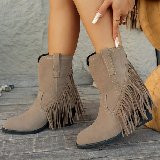 Fringe Block Heel Ankle Boots - Khaki - View 1