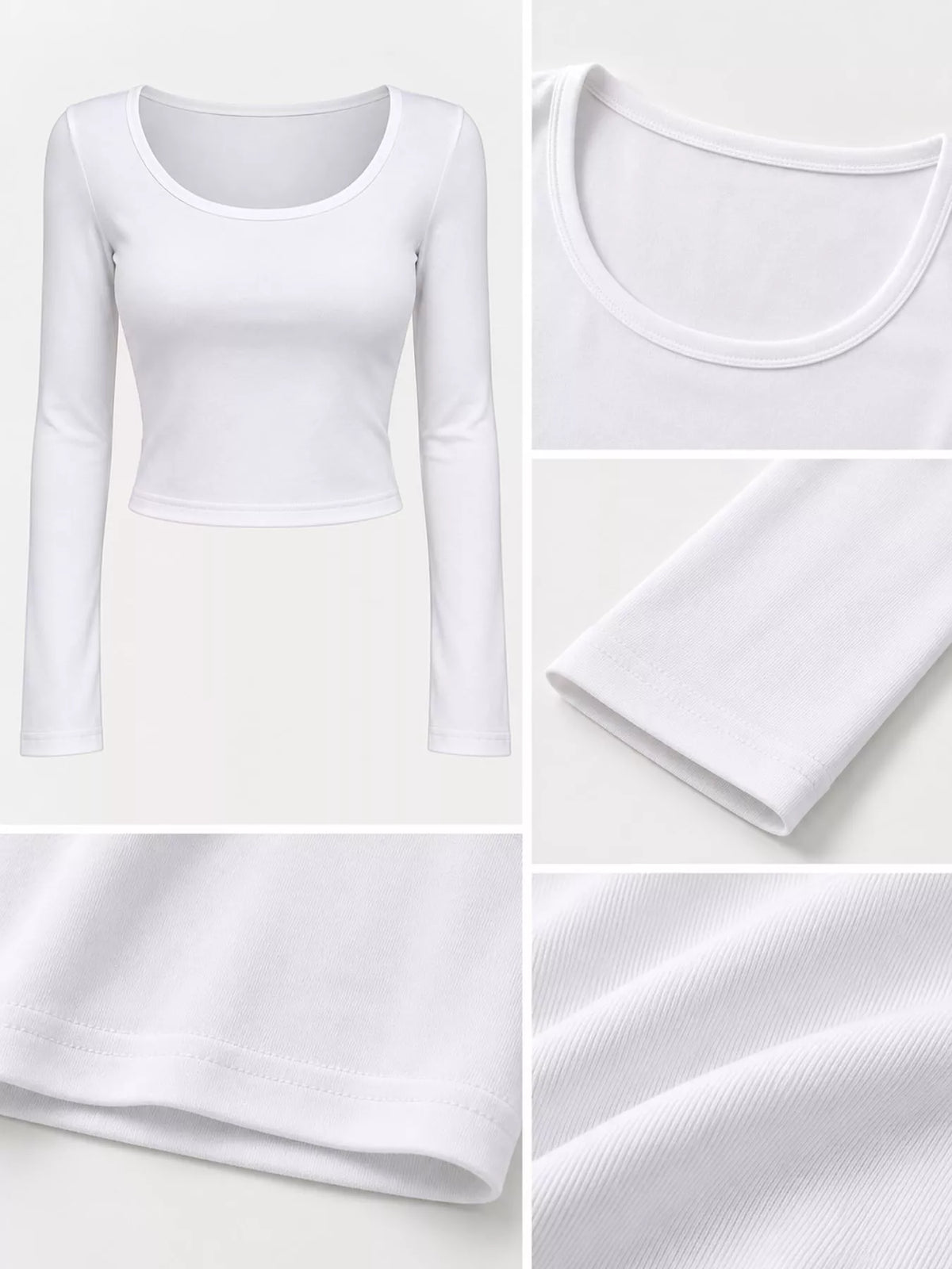 Slim-Fit Long Sleeve U-Neck Cropped T-Shirt - White - View 17