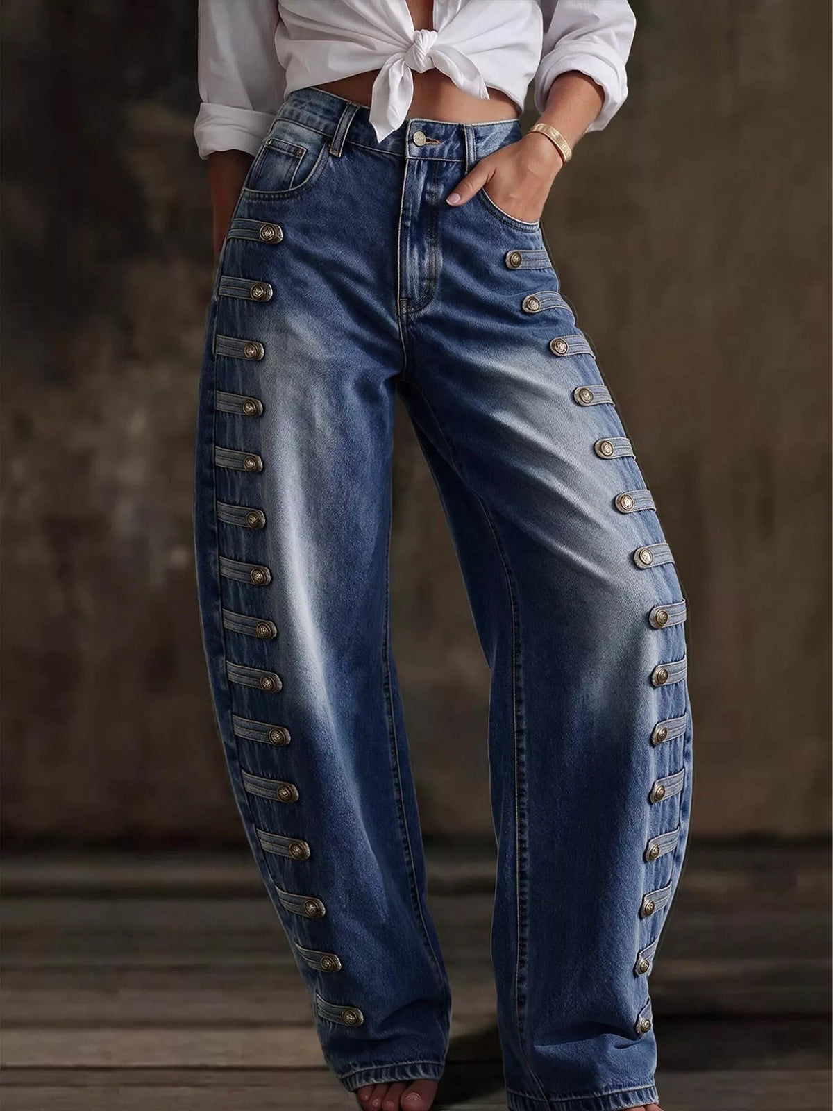 Decorative Button Wide Leg Jeans - Dark Blue - View 3