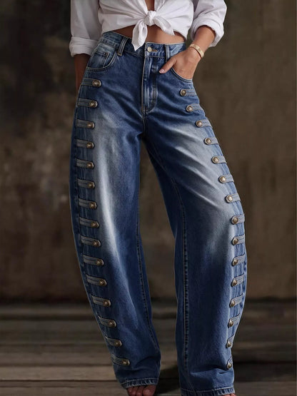 Decorative Button Wide Leg Jeans - Dark Blue - View 3