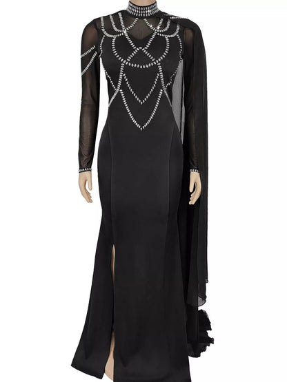 Rhinestone Slit Maxi Dress with Sheer Cape Sleeves - Silver - View 4