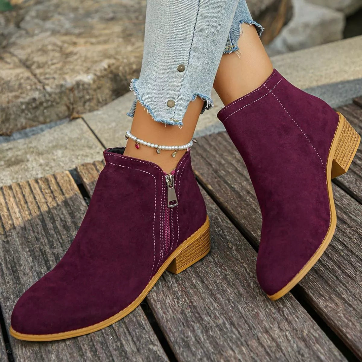 Point Toe Block Heels Boots - Burgundy - View 2