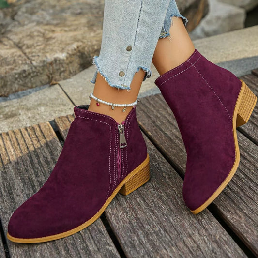 Point Toe Block Heels Boots - Burgundy - View 2