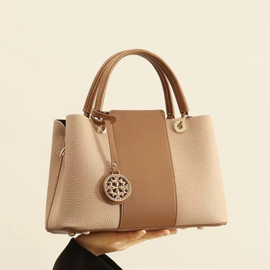 Two-Tone Leather Top Handle Handbag - Khaki - View 1