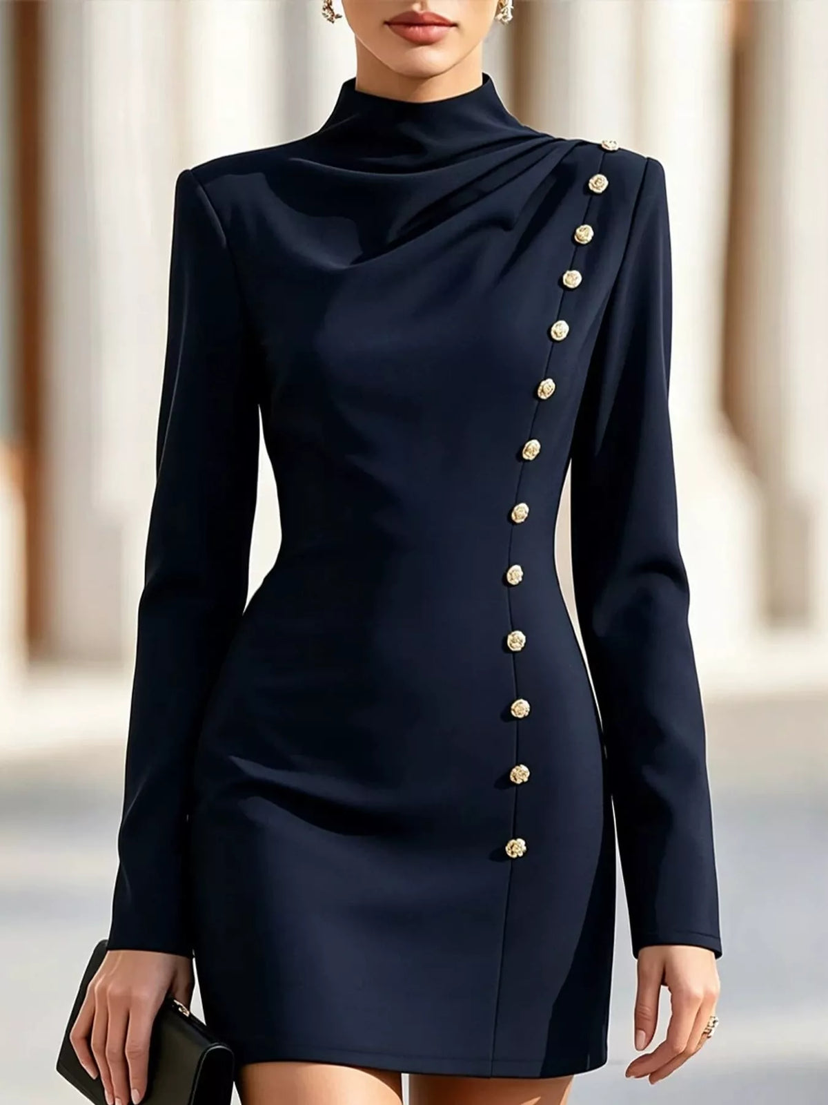 Full Size Decorative Button Mock Neck Mini Dress Plus Size - Navy - View 13