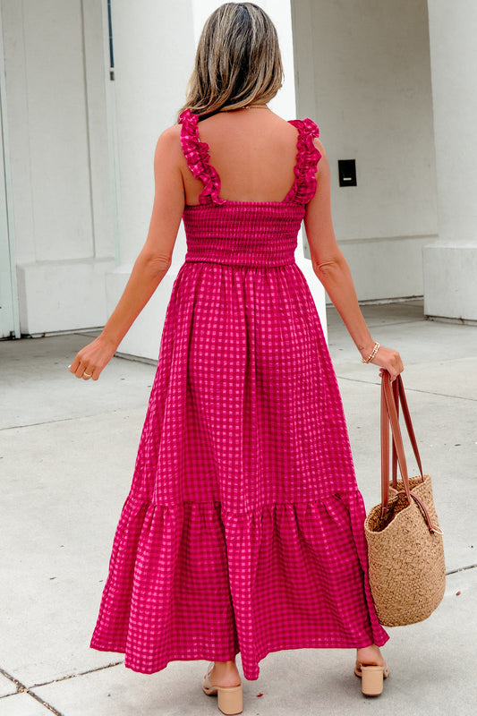 Red Plaid Square Neck Fit-and-flared Vacation Sundress - Red - 2