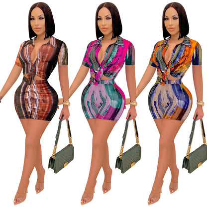 Digital Print V-Neck Long Sleeve and Shorts Two-Piece Set for Women