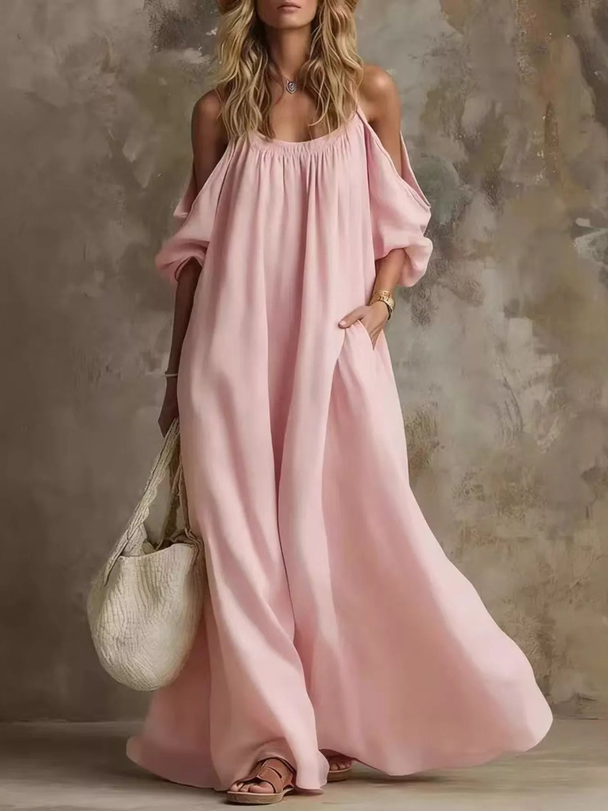 Full Size Cold-Shoulder Linen Maxi Dress Plus Size - Dusty Pink - View 1