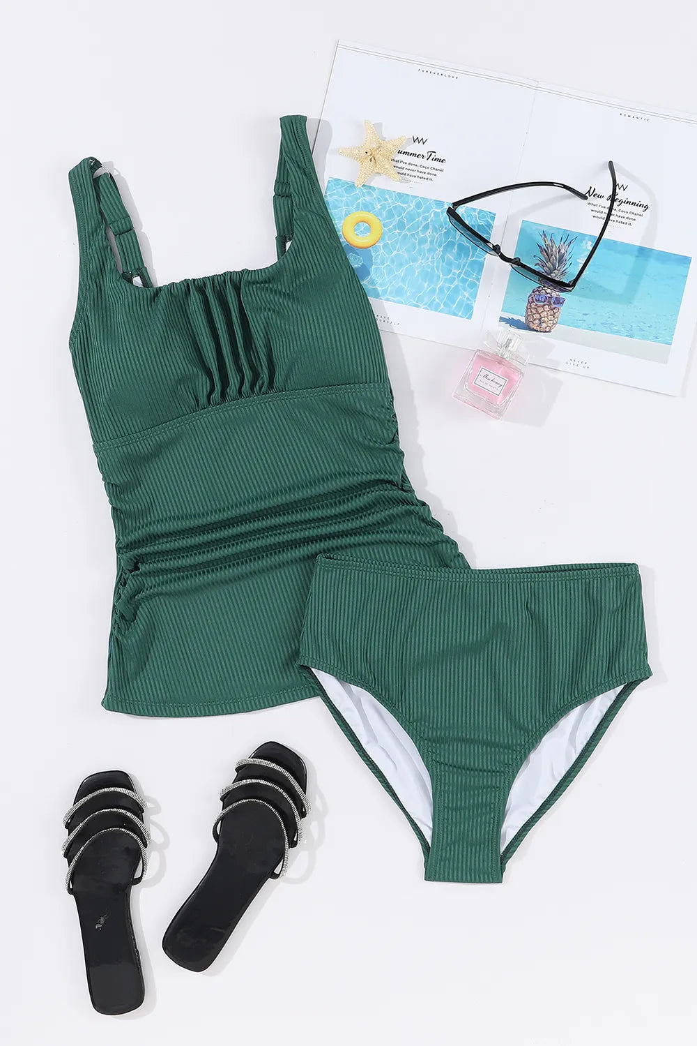 Square Neck Wide Strap Tankini Set - Dark Green - View 6
