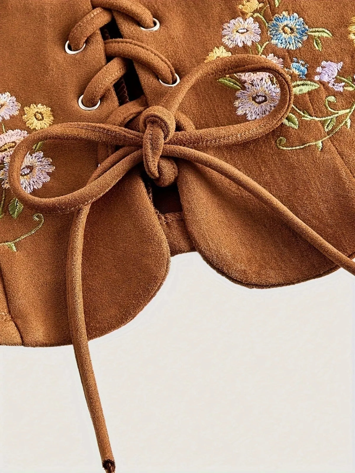 Floral Embroidered Lace-Up Vest Coat - Ochre - View 3