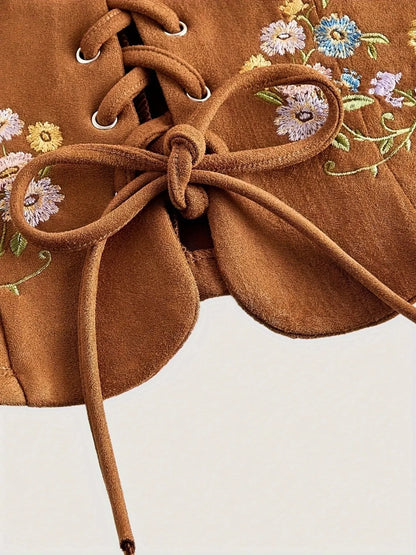 Floral Embroidered Lace-Up Vest Coat - Ochre - View 3
