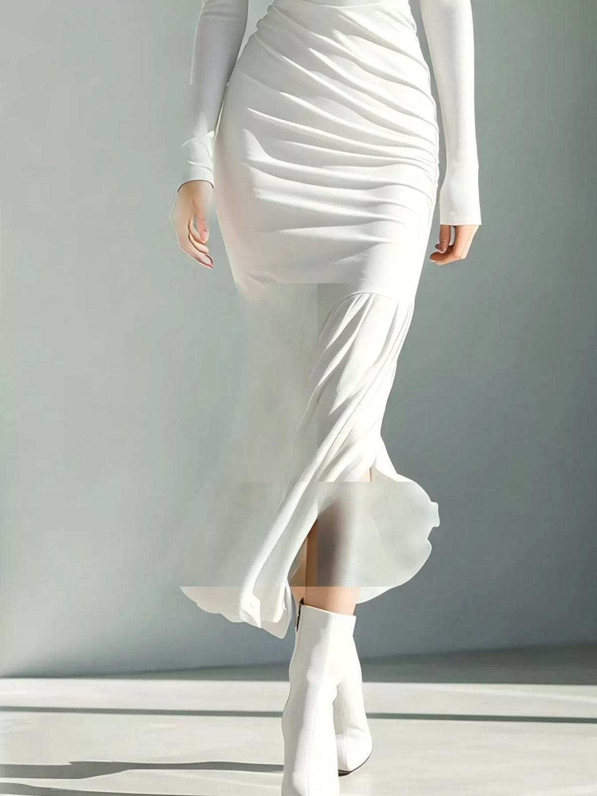 Full Size Slit Turtleneck Ruched Bodycon Mermaid Dress Plus Size - White - View 3