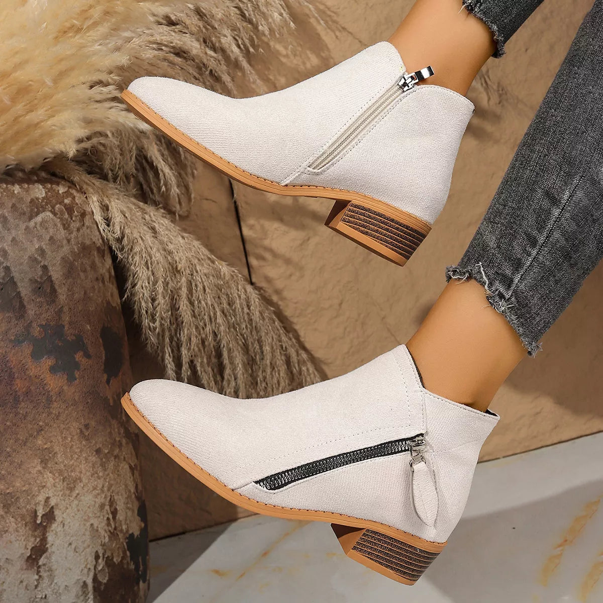 Point Toe Block Heels Boots - Beige - View 9