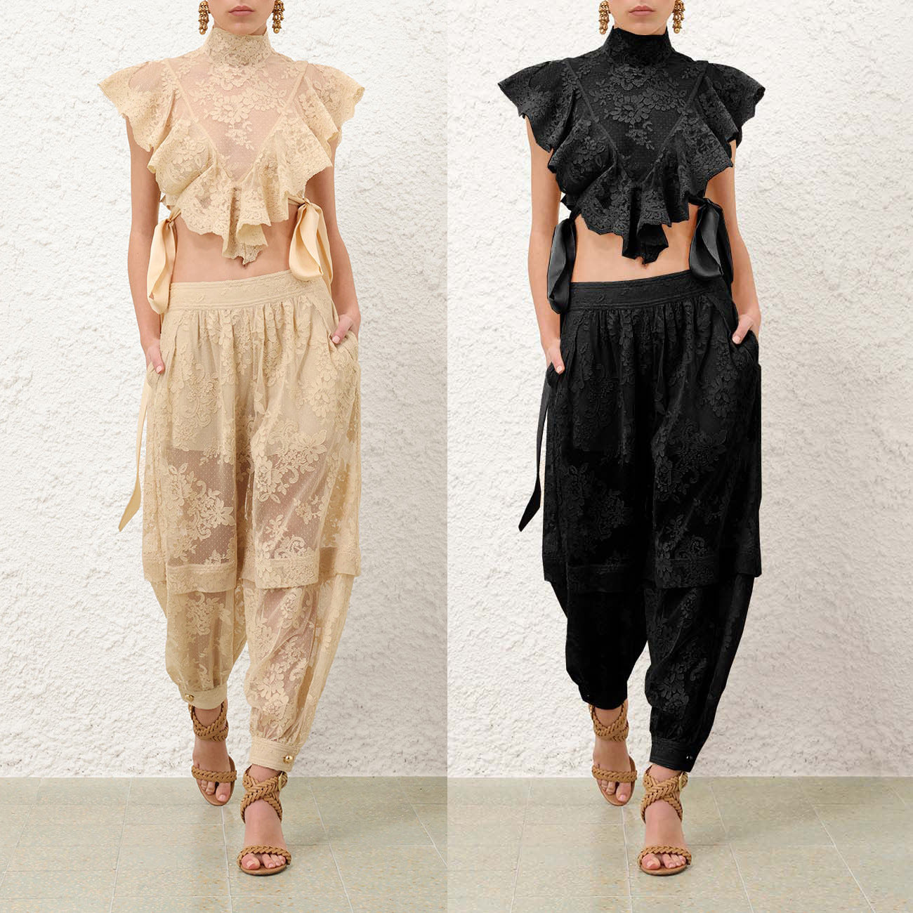 Sleeveless lace up pants casual loose party two-piece set for women