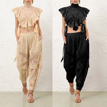 Sleeveless lace up pants casual loose party two-piece set for women