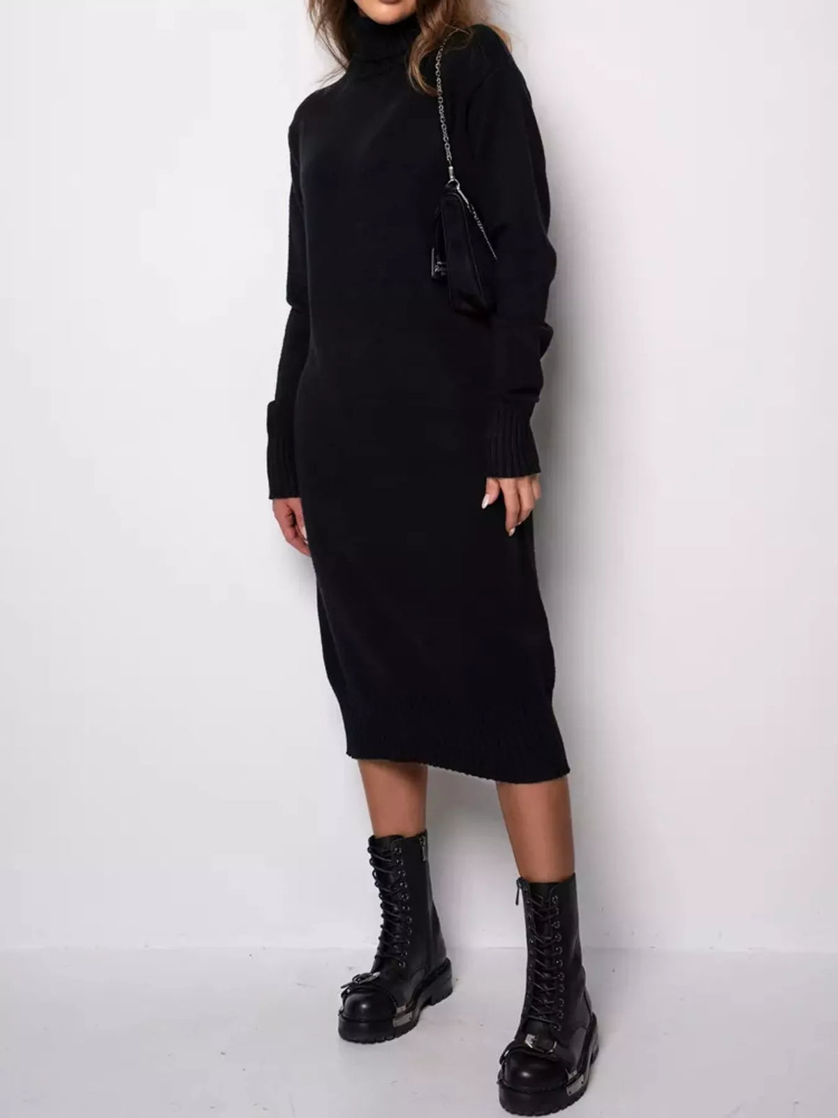 Turtleneck Ribbed Knit Sweater Dress - Black - View 5