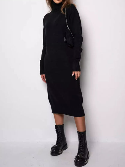 Turtleneck Ribbed Knit Sweater Dress - Black - View 5