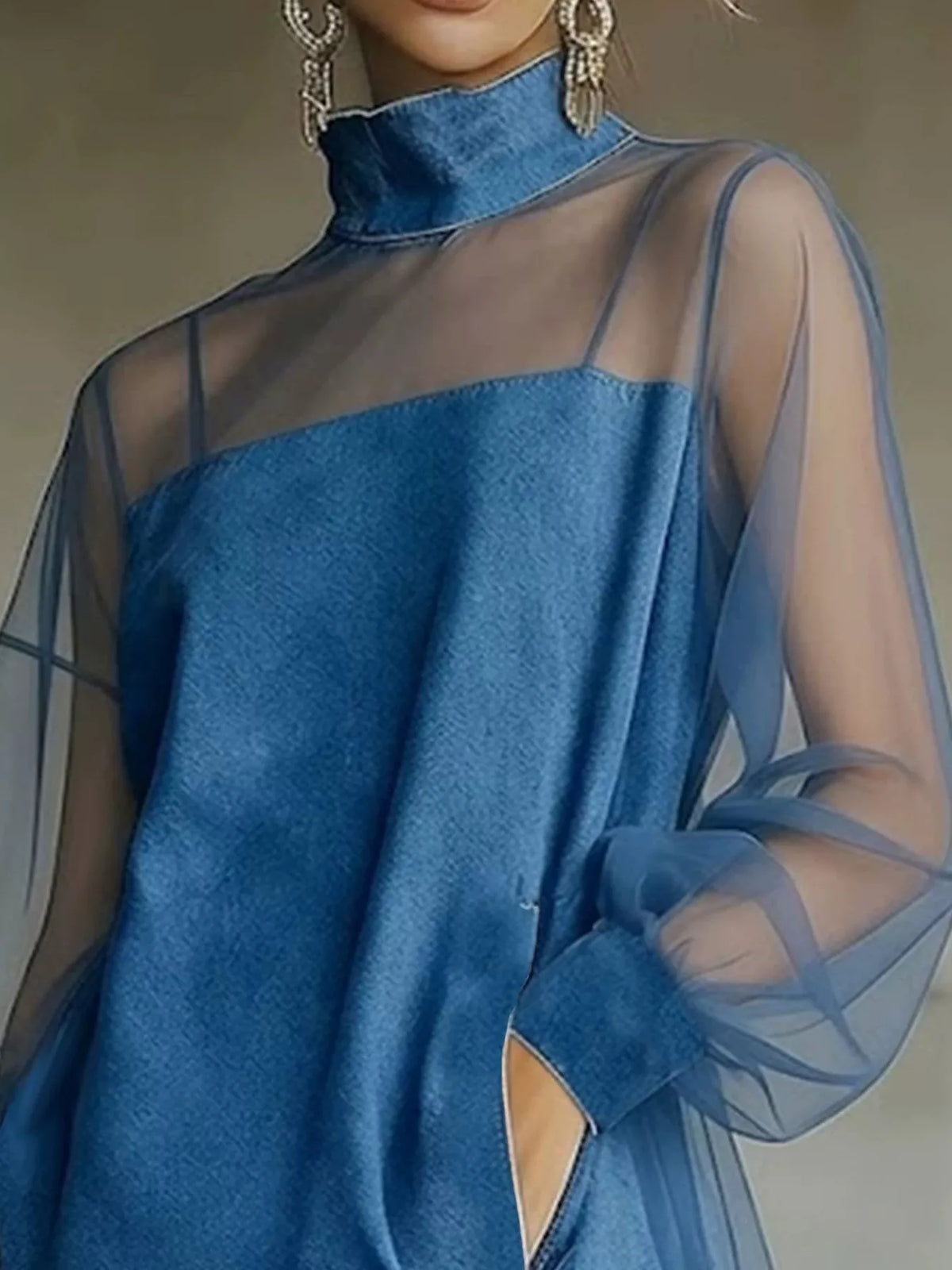 Sheer Mesh Turtleneck Mini Dress - Peacock  Blue - View 2