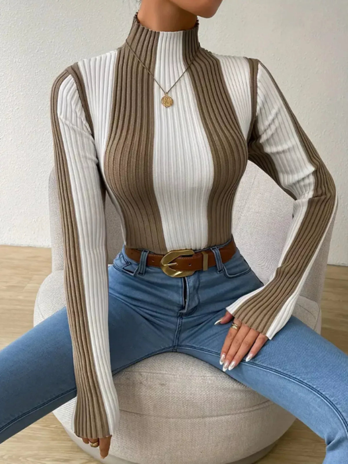 Color Block Turtleneck Ribbed Knit Top - Khaki - View 1
