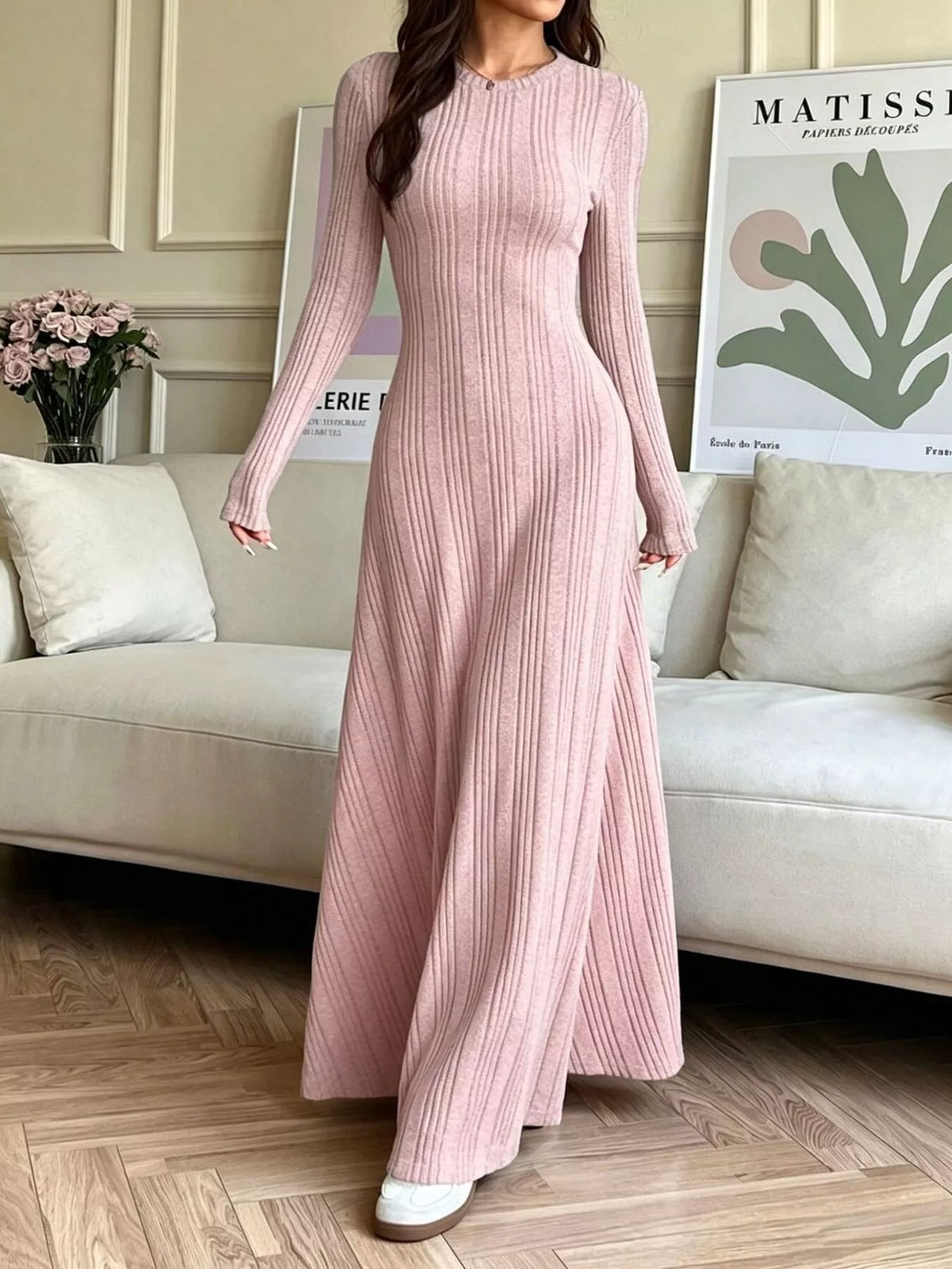 Long Sleeve Ribbed Knit Dress - Dusty Pink - View 1