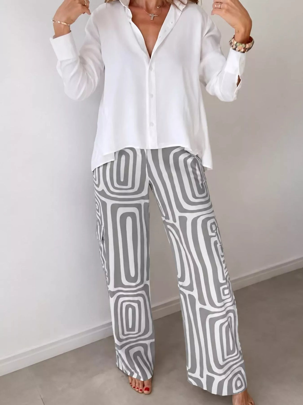 Full Size Chic Button-Down Shirt and Geometric Wide-Leg Pants Set Plus Size - Gray - Set - View 10