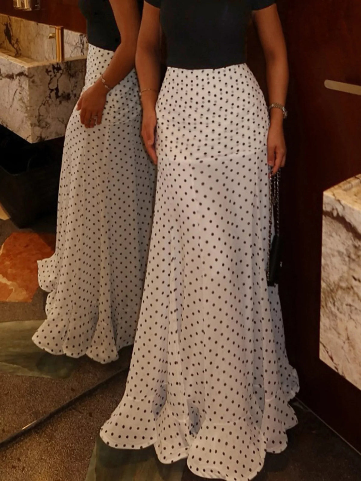 Polka Dot Mermaid Maxi Skirt - White - View 3