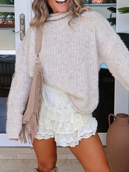 Mock Neck Chunky Knit Sweater - Beige - View 5