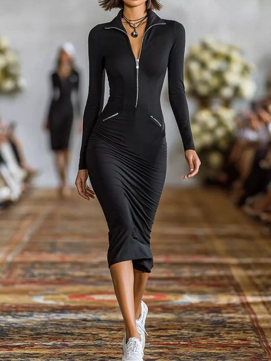 Full Size Zip-Front Bodycon Midi Dress Plus Size - Black - View 1