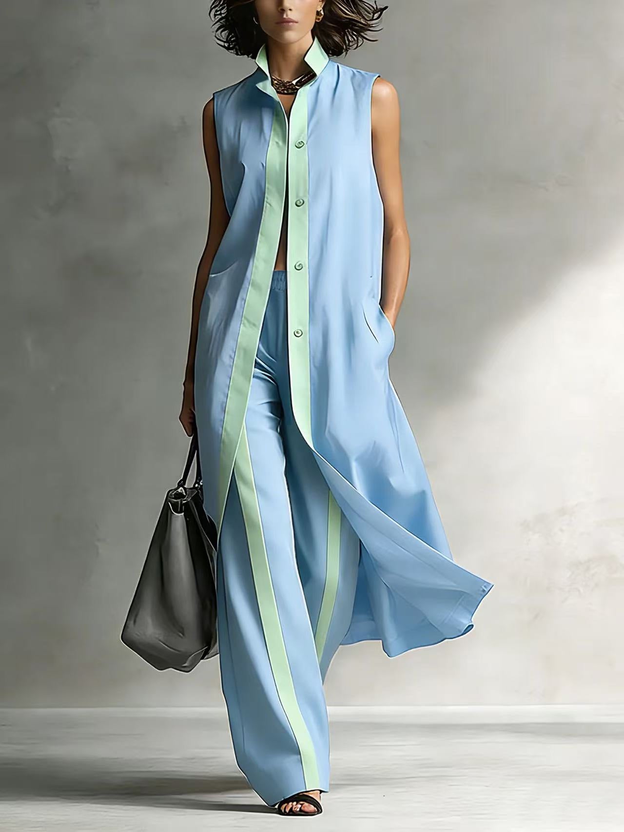 Color blocking loose vest cardigan pants set