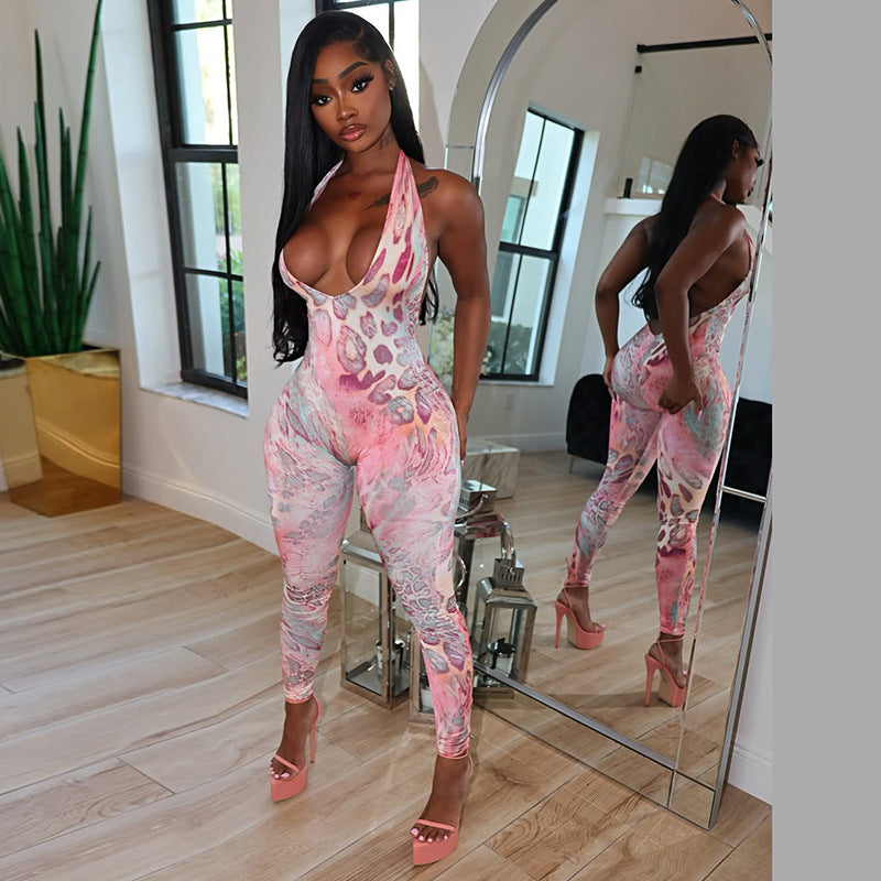 Leopard print hollowed out tight fitting hip hugging jumpsuit