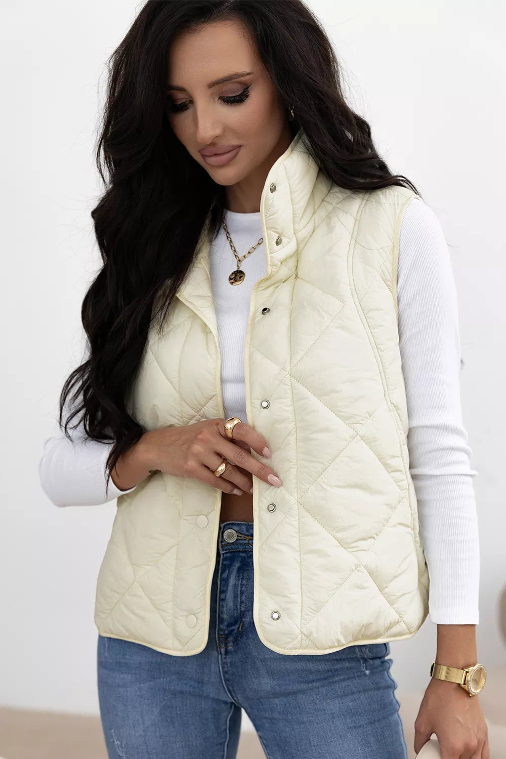 Snap Down Texture Vest Coat with Pockets - Ivory - View 3