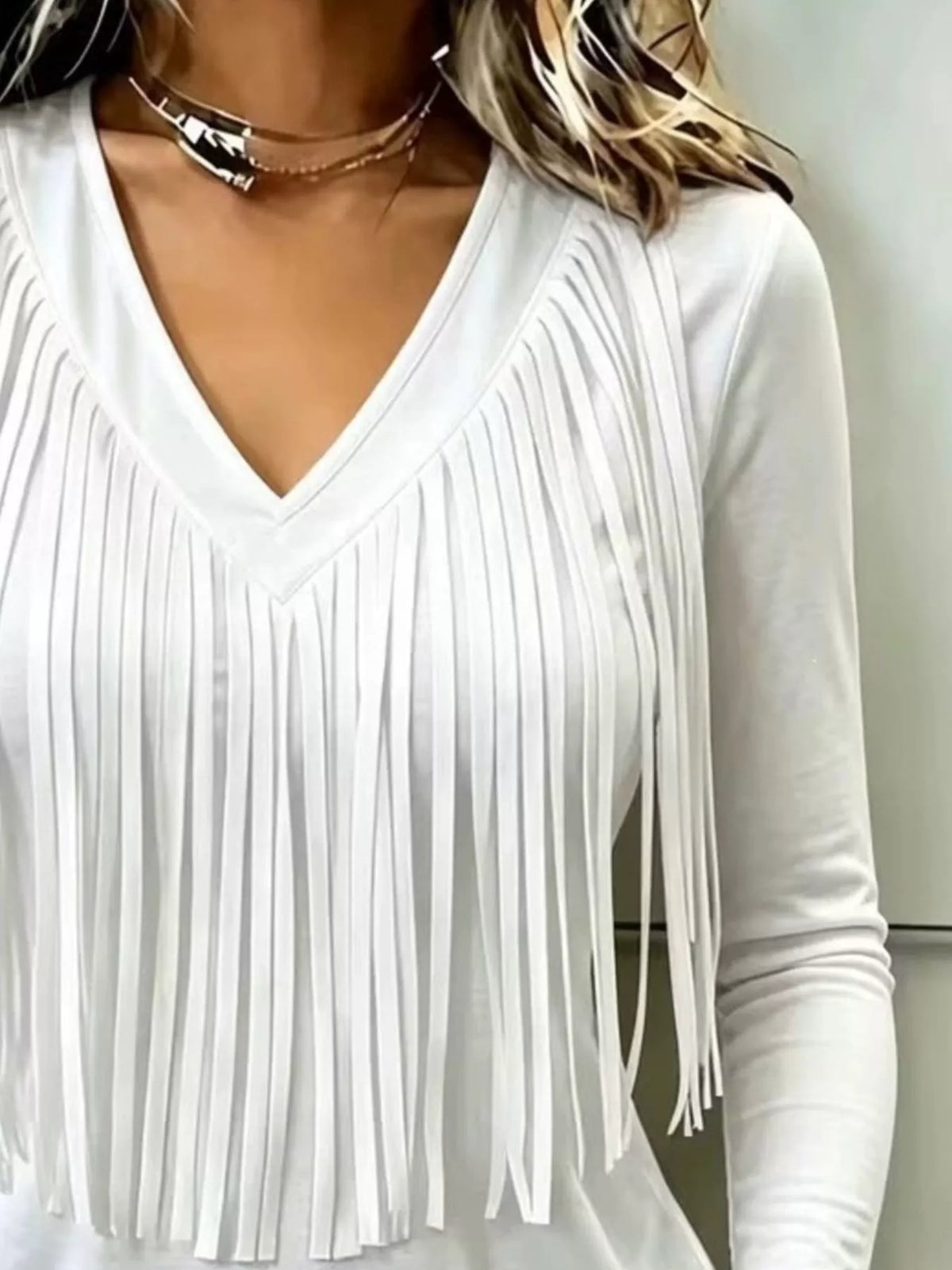 Fringe V-Neck Long Sleeve T-Shirt - White - View 2