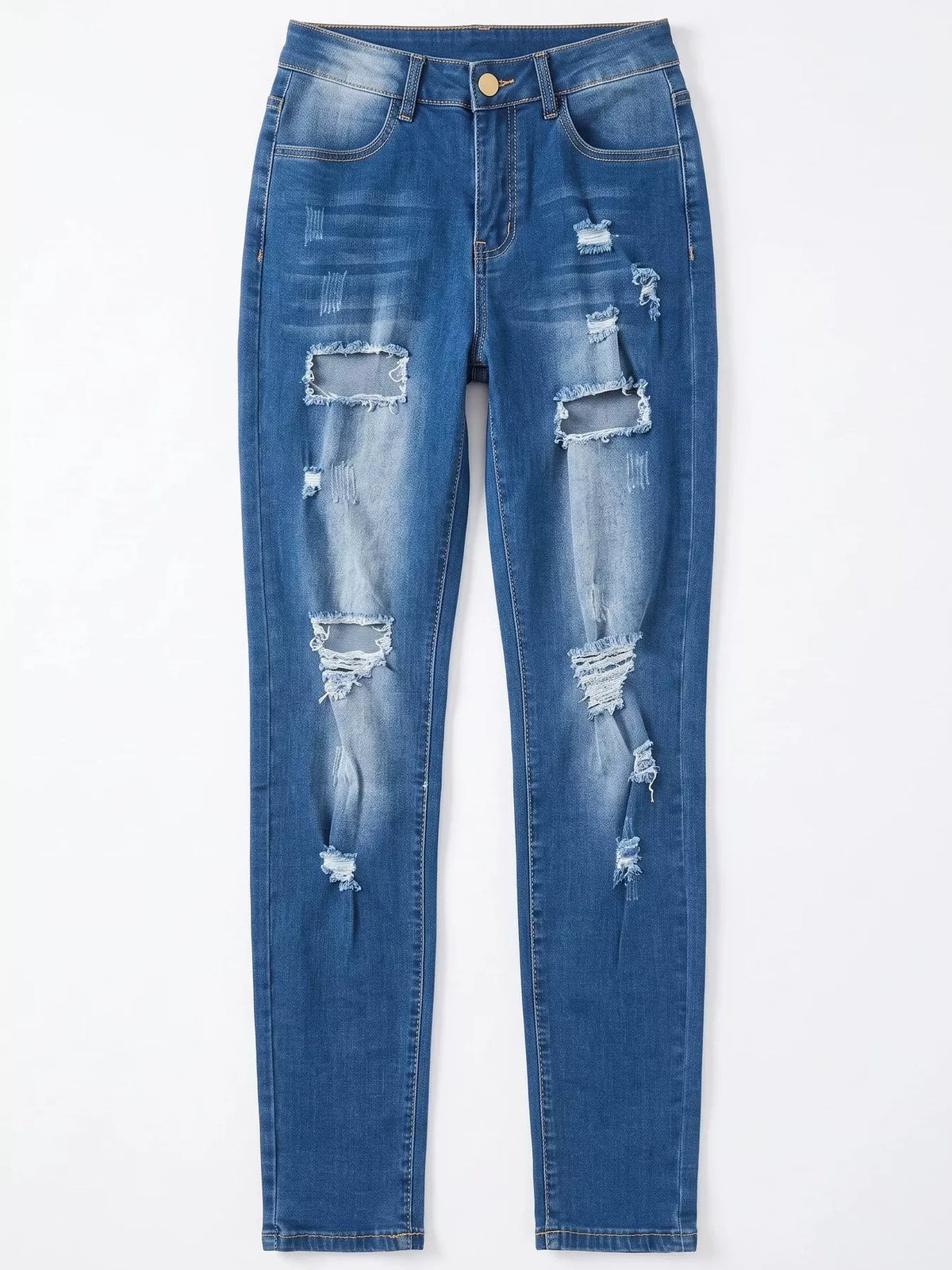 High-Waisted Distressed Skinny Jeans - Peacock  Blue - View 3