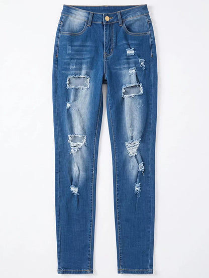 High-Waisted Distressed Skinny Jeans - Peacock  Blue - View 3