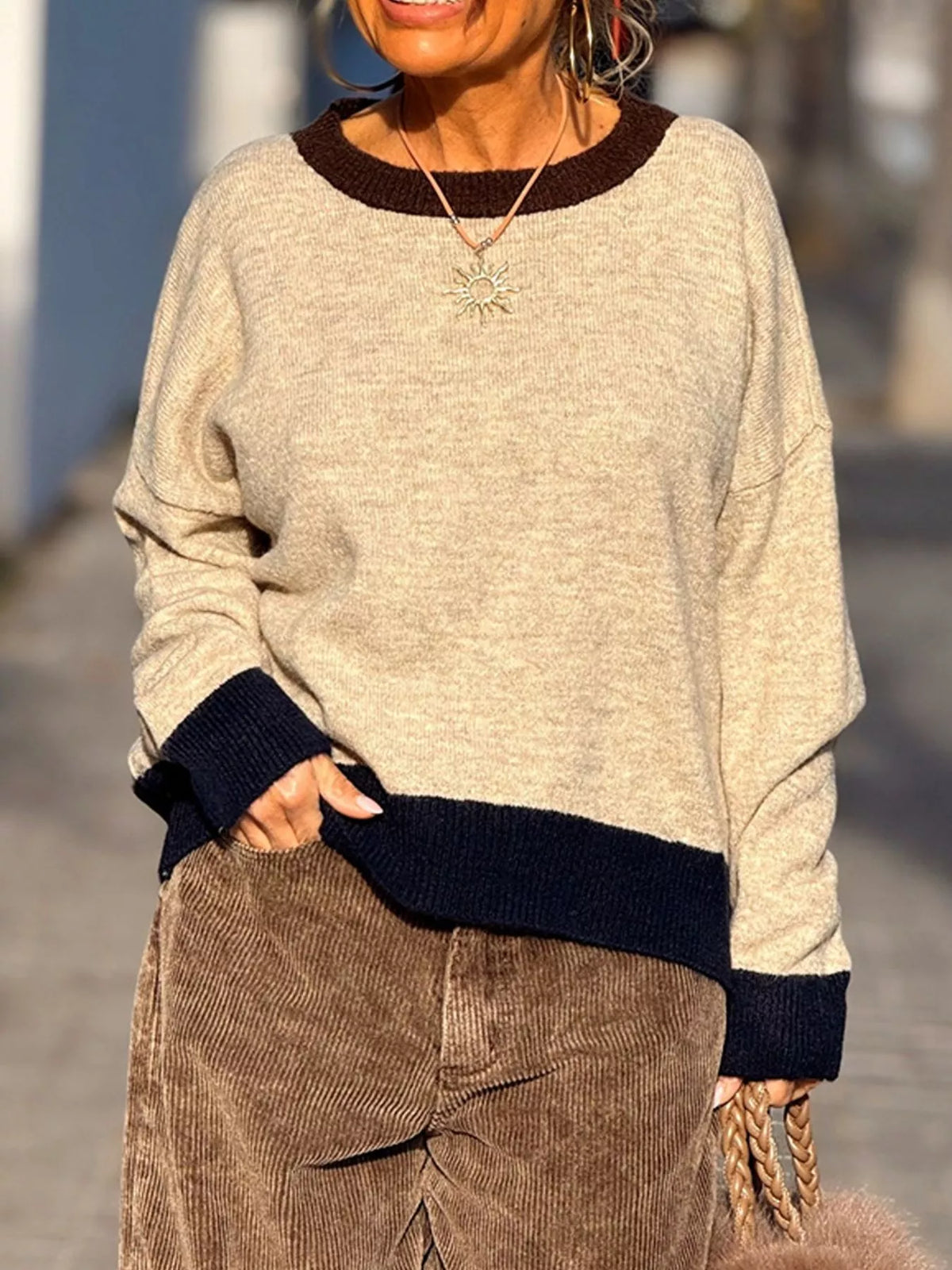 Contrast Trim Crew Neck Sweater - Coffee Brown - View 1
