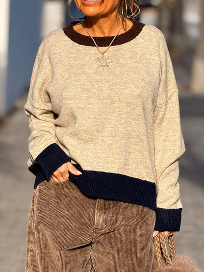 Contrast Trim Crew Neck Sweater - Coffee Brown - View 1