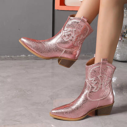 Point Toe Block Heels Boots - Pink - View 5