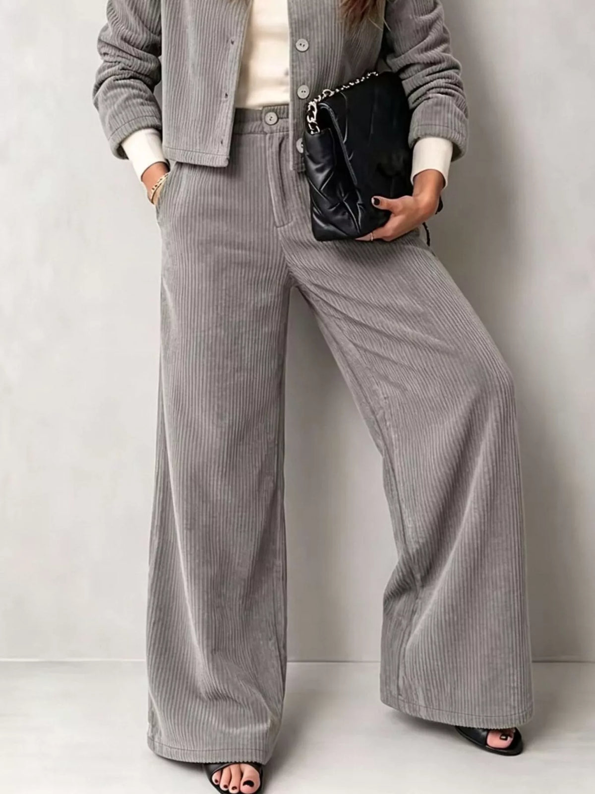 Full Size Corduroy Button-Down Jacket and Wide-Leg Pants Two-Piece Set Plus Size - Gray - View 6