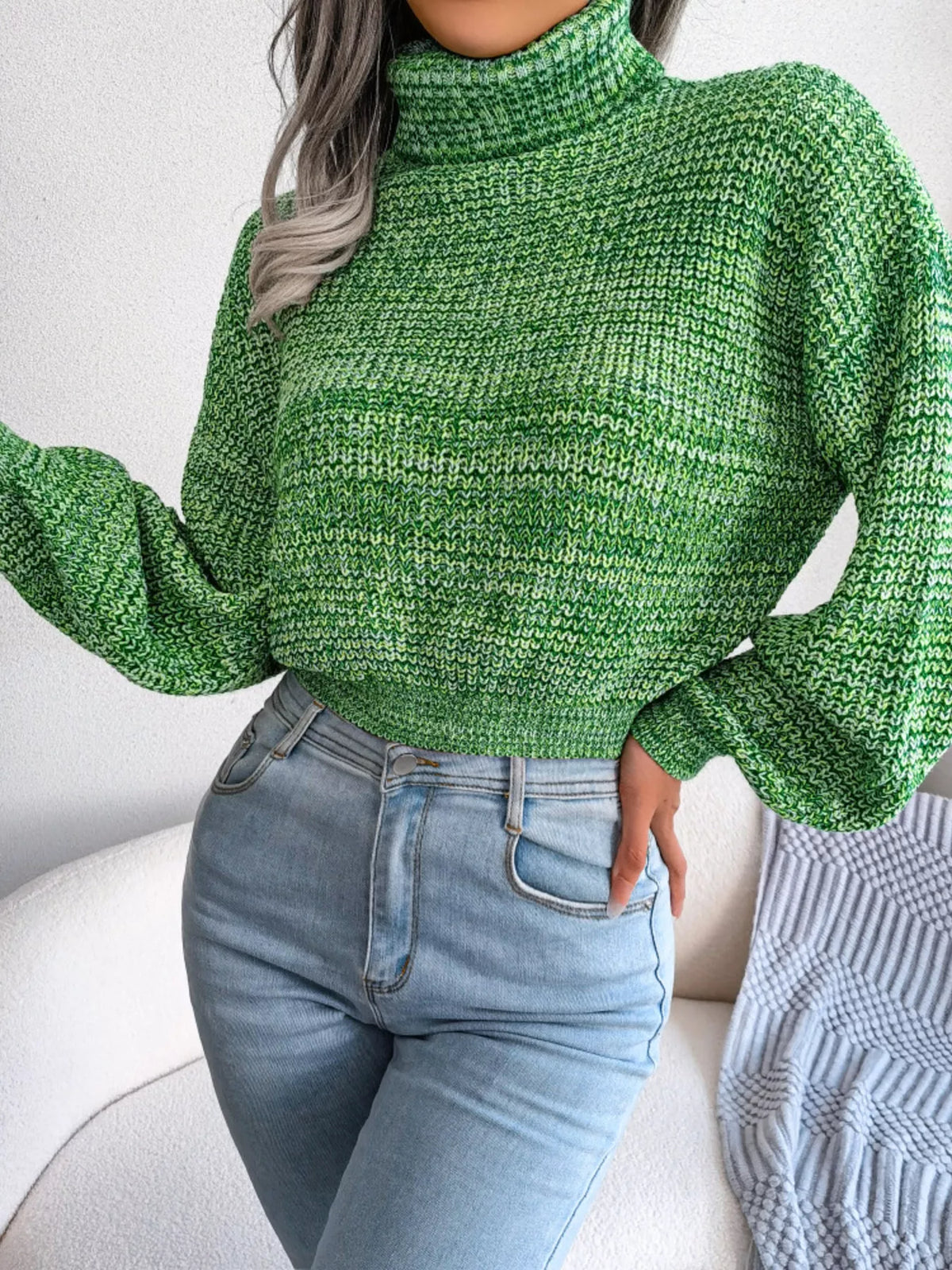 Turtleneck Dropped Shoulder Sweater - Green - View 4