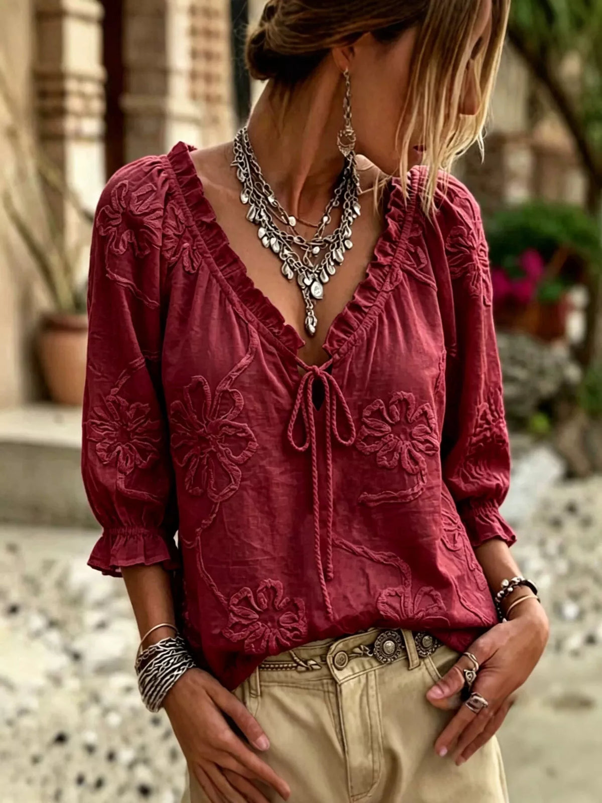Floral Tie Neck 3/4 Sleeve Blouse - Burgundy - View 1