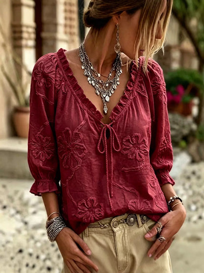 Floral Tie Neck 3/4 Sleeve Blouse - Burgundy - View 1