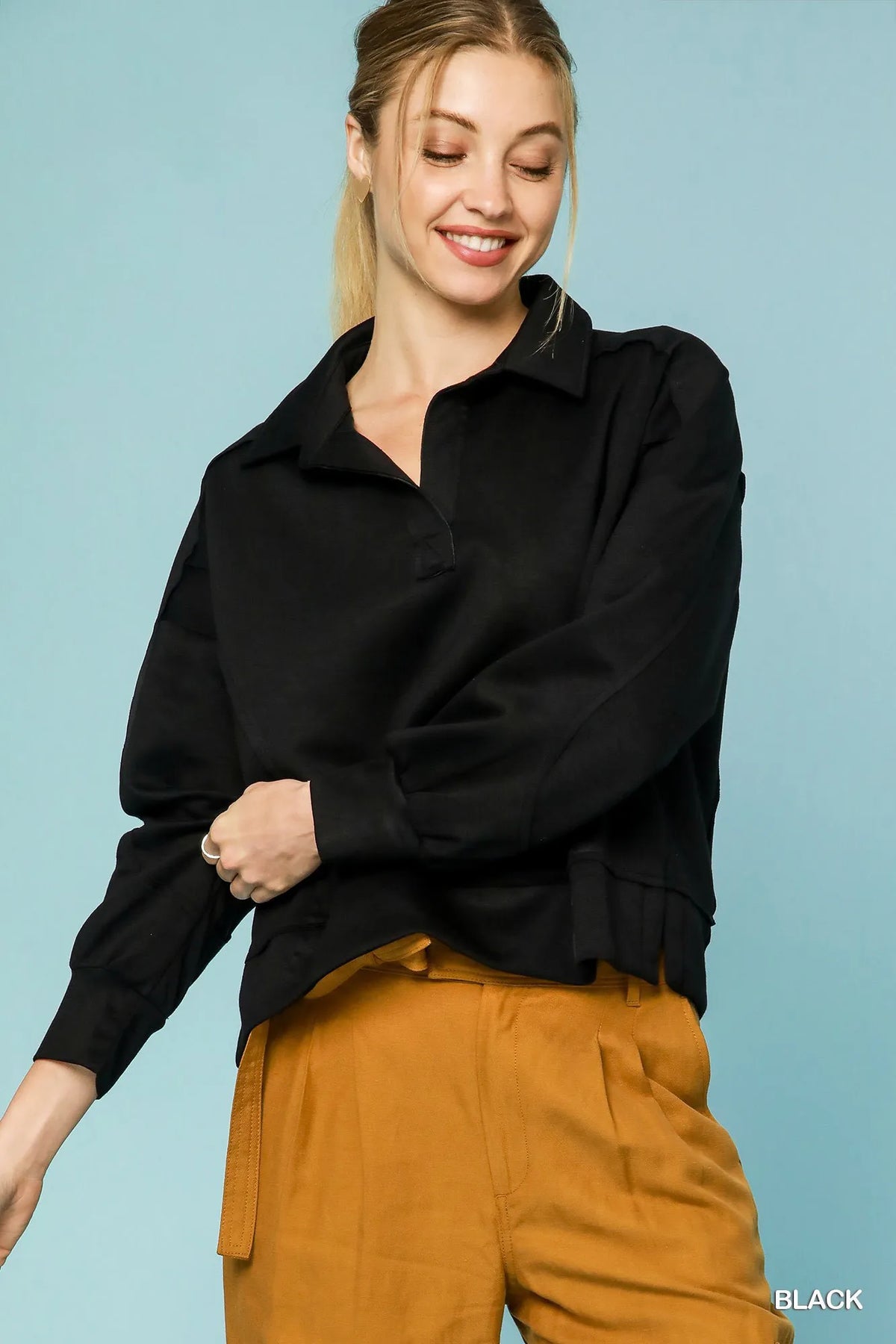 Umgee Collared Neck Long Sleeve Top with Raw Hem Detail - Black - View 1