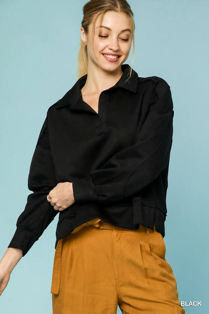 Umgee Collared Neck Long Sleeve Top with Raw Hem Detail - Black - View 1