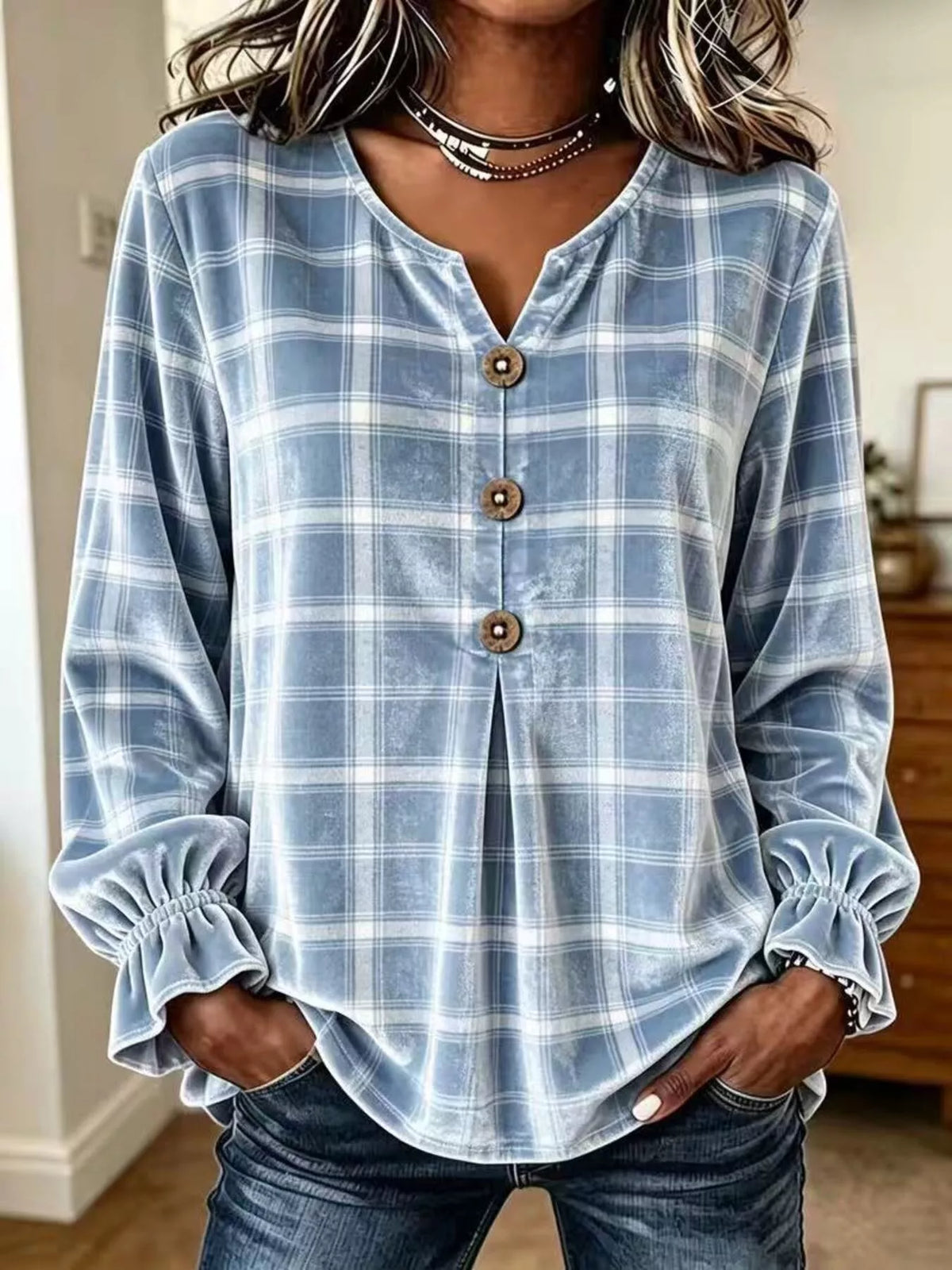 Full Size Plaid Velvet Flounce Sleeve Blouse Plus Size - Light Blue - View 1
