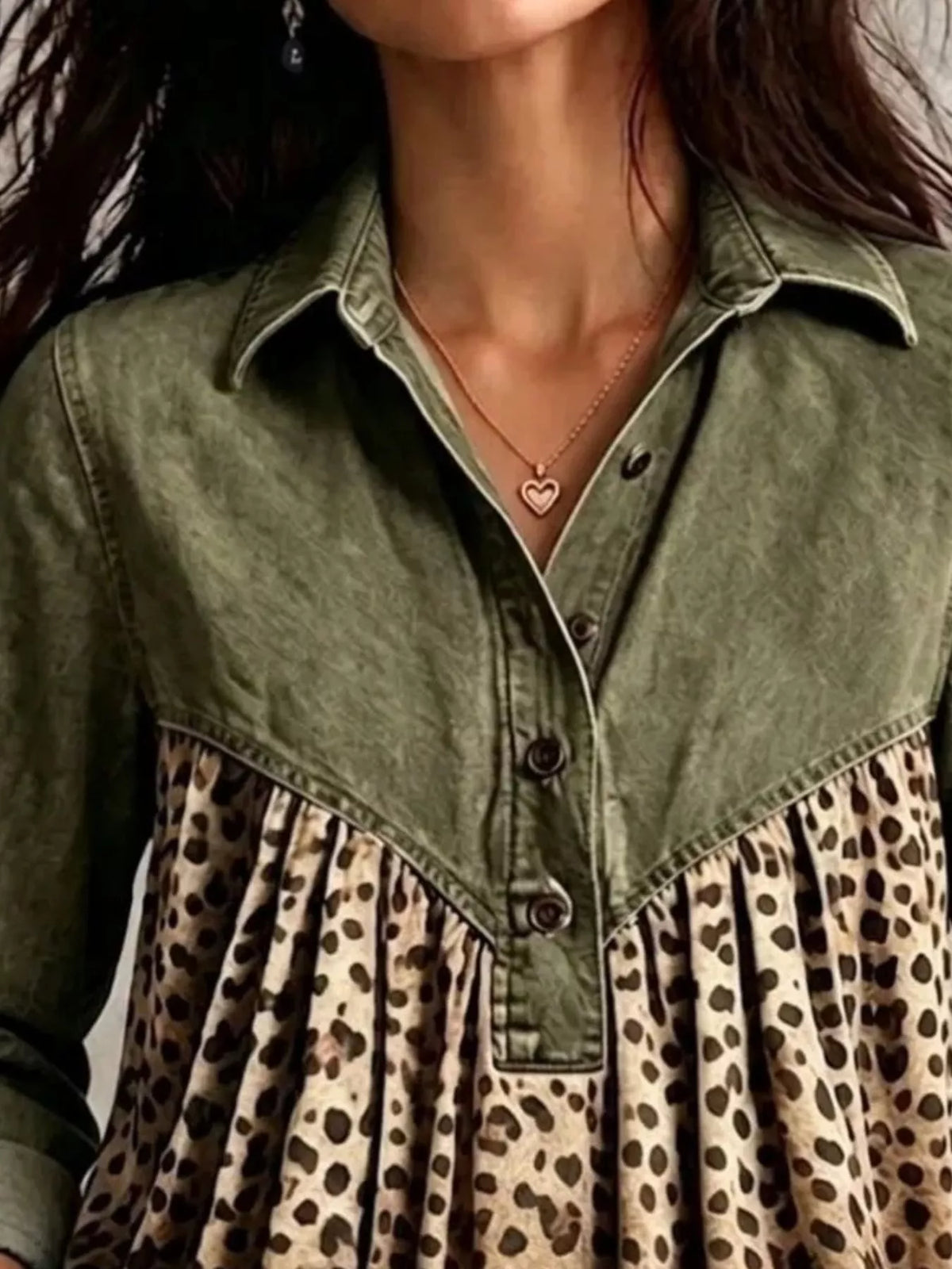 Full Size Leopard Button Detail Blouse Plus Size - Dark Green - View 2