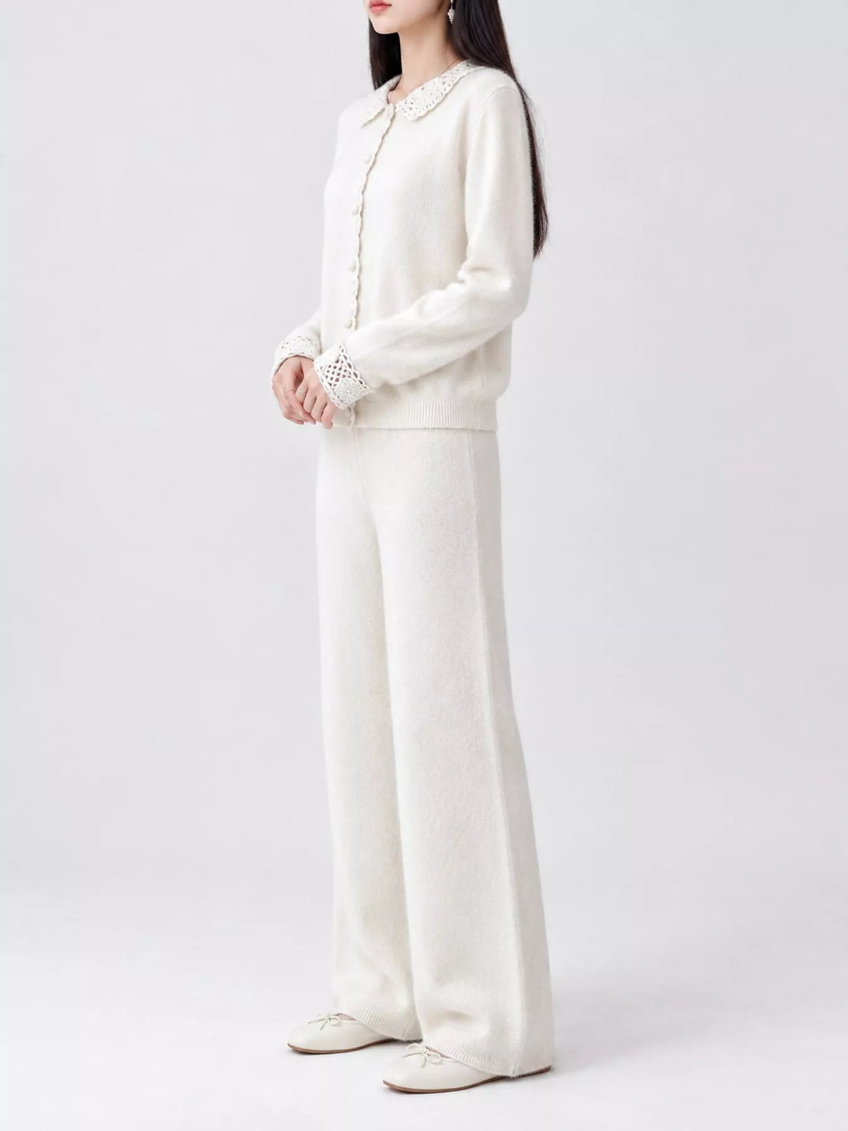 Lace-Collar Button Down Knit Cardigan - White - View 19