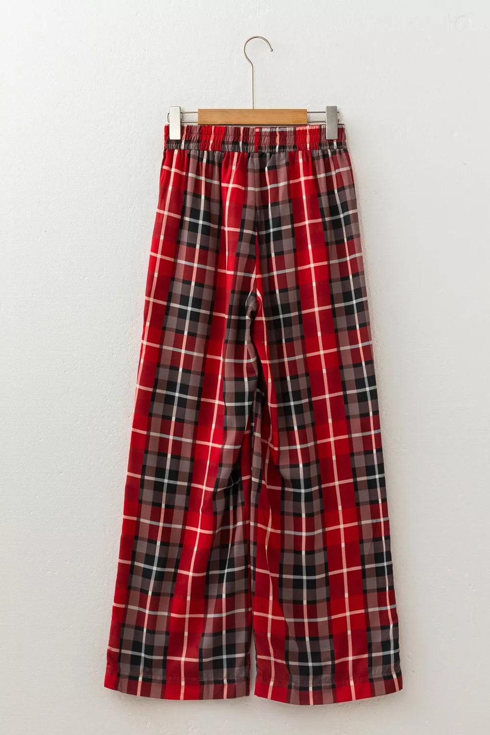 Plaid Elastic Waist Pocket Regular Full-Length Pants - Burgundy - View 7