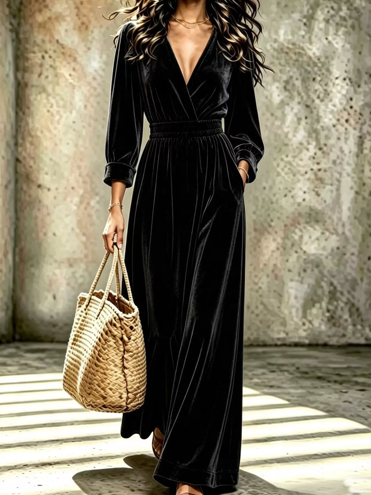 Velvet Surplice Long Sleeve Jumpsuit - Black - View 1