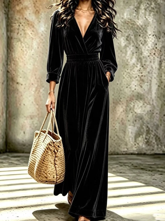 Velvet Surplice Long Sleeve Jumpsuit - Black - View 1