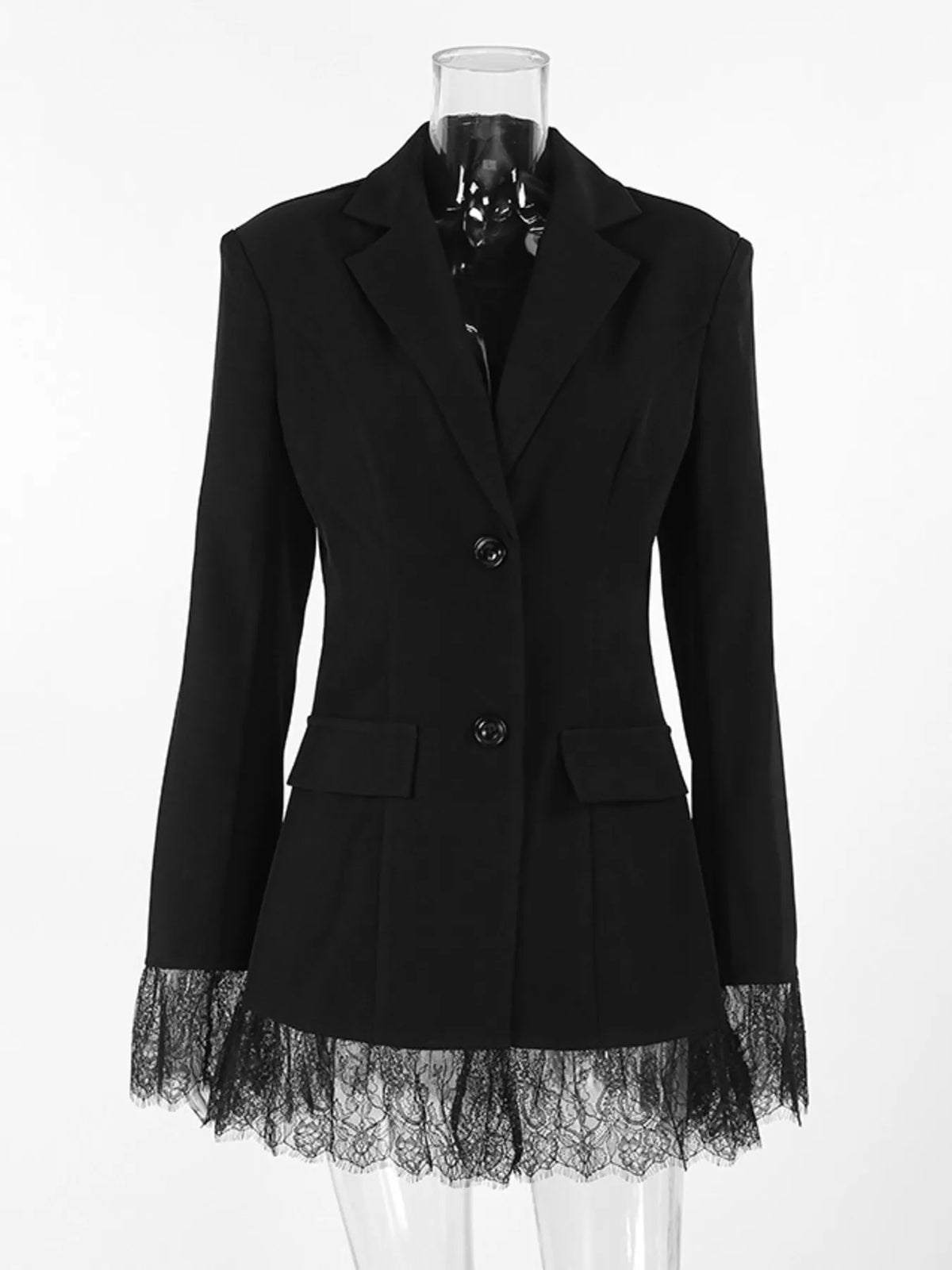 Lace Hem Lapel Collar Blazer - Black - View 10